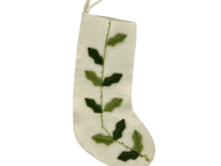 Wool Stocking -  Cream with Green Holly Online Hot Sale