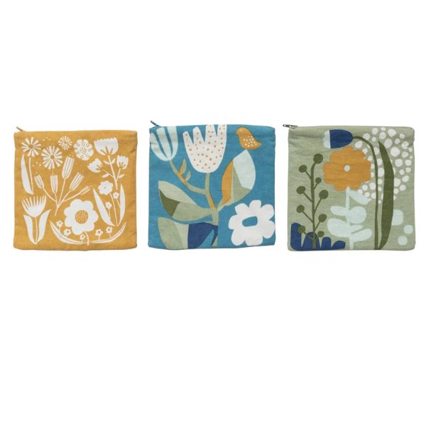 7  Cotton Printed Zip Food Pouch w  Flowers & Interior Coating, 3 Styles Supply