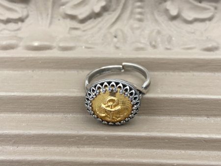 Silver with Gold Anchor Button Ring For Discount