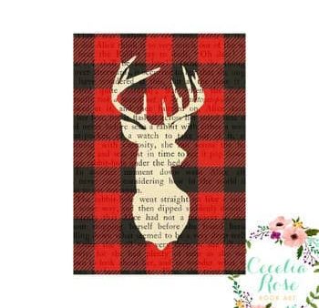 Book Art - Buffalo Plaid Deer Head - 5x7 Unframed Print - Cecelia Rose Book Art Hot on Sale