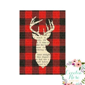 Book Art - Buffalo Plaid Deer Head - 5x7 Unframed Print - Cecelia Rose Book Art Hot on Sale