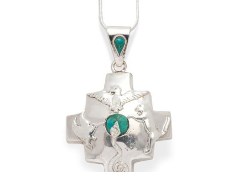 Peruvian Sterling Silver Chakana Four Directions Pendant Necklace - Chrysocolla Online now