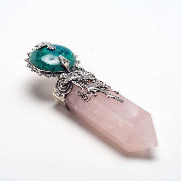 Peruvian Silver, Chrysocolla and Rose Quartz Necklace - Four Sacred Totems For Cheap