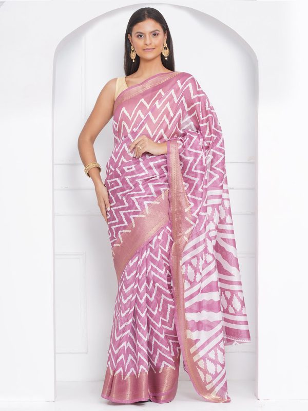 Cotton Silk Chevron Pattern Saree - Pink Cheap