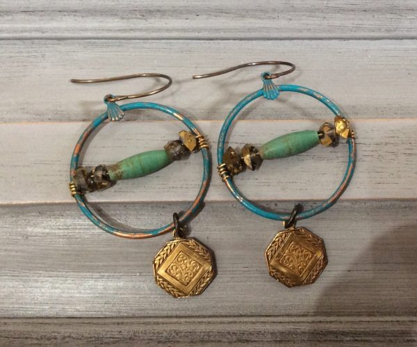 Green Hoop with Mixed Stone and Engraved Gold Disc on Natural Brass Wire Discount