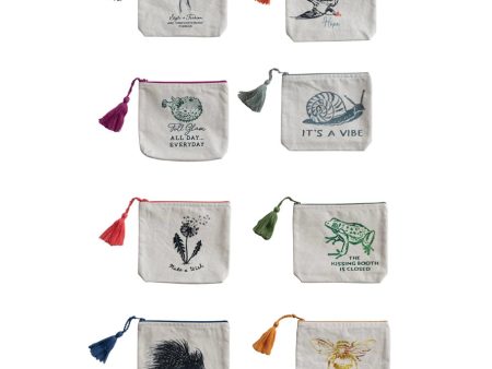 Cotton Printed Zip Pouch w  Saying, Image & Tassel, 8 Styles Online Sale