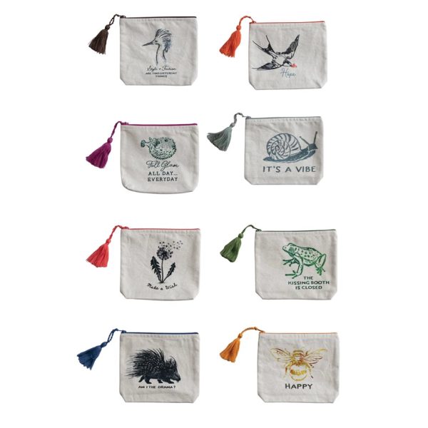 Cotton Printed Zip Pouch w  Saying, Image & Tassel, 8 Styles Online Sale