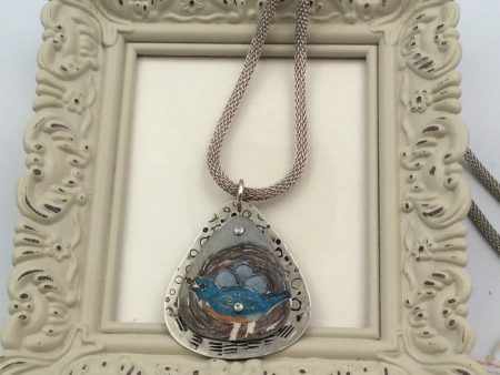 Original Art Painted Nickel Silver Birds Nest Pendant Supply