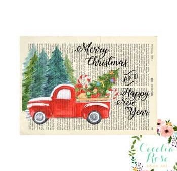 Book Art - Merry Christmas & Happy New Year Vintage Red Truck - 5x7 Unframed Print - Cecelia Rose Book Art Online