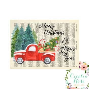 Book Art - Merry Christmas & Happy New Year Vintage Red Truck - 5x7 Unframed Print - Cecelia Rose Book Art Online