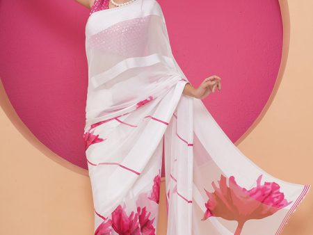 Floral Print Chiffon Saree - White-Pink Sale