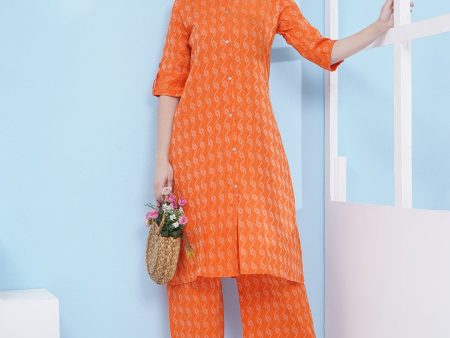 Printed Cotton Co-Ord Set - Orange For Cheap