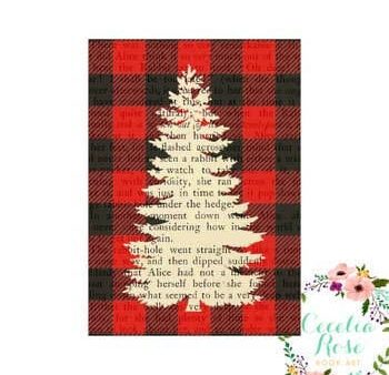 Book Art - Buffalo Plaid Pine Tree - 5x7 Unframed Print - Cecelia Rose Book Art For Discount