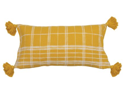  Yellow & White Woven Cotton Slub Lumbar Pillow w  Grid Pattern & Tassels Online Hot Sale