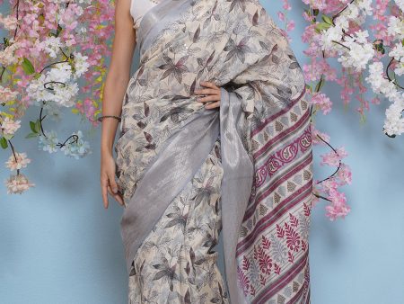 Cotton Silk Jacobean Pattern Saree - Grey Cheap