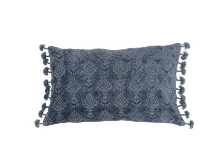 Blue Cotton Chenille Lumbar Pillow w  Embroidery & Tassels on Sale