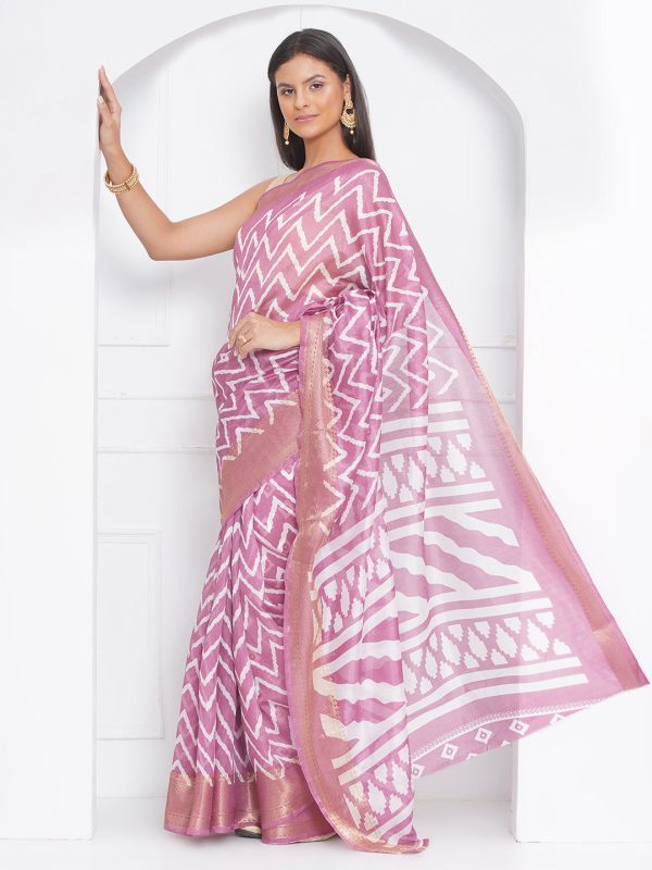 Cotton Silk Chevron Pattern Saree - Pink Cheap