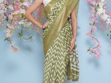 Cotton Silk Chevron Pattern Saree - Bottle Green on Sale