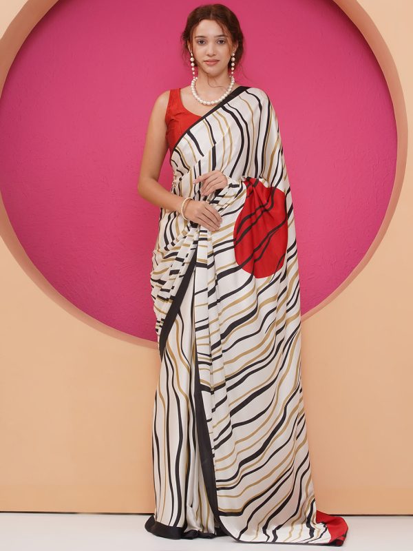 Graphic Printed Crepe-Silk Saree - Cream & Red Sale