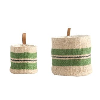 Jute Baskets w  Leather Loop, Green Stripes, Set of 2 DF1774 on Sale