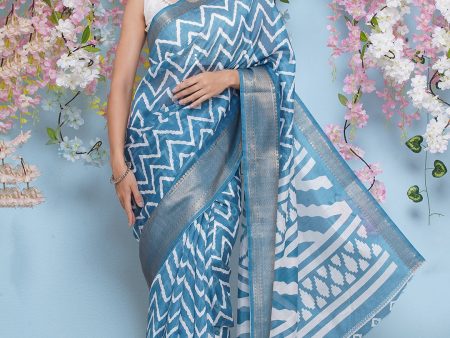 Cotton Silk Chevron Pattern Saree - Blue Sale