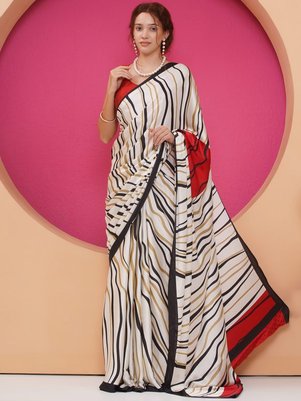 Graphic Printed Crepe-Silk Saree - Cream & Red Sale